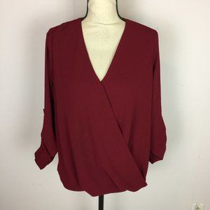 Kut From The Kloth Wrap Blouse Top Size S Womans Burgundy Red Roll Tab Sleeve